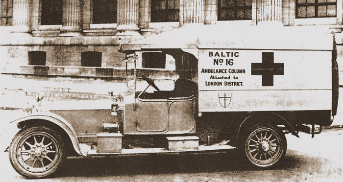This photograph was taken at the rear of The Bristish Museum not far from the London Ambulance Column’s Headquarters in Gower Street. The ambulance had been donated to the Ambulance Column by the members and staff of The Baltic Exchange, an important financial institute in the City of London. Simular illustrations of ambulances with the word “Baltic” are sometimes mistakenly associated with the Baltic Campaign of 1918-1919.